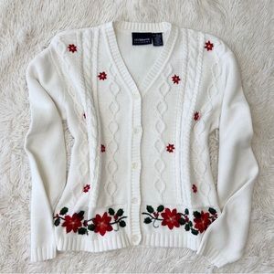 Liz Claiborne Christmas sweater poinsettia cardigan  white red embroider…